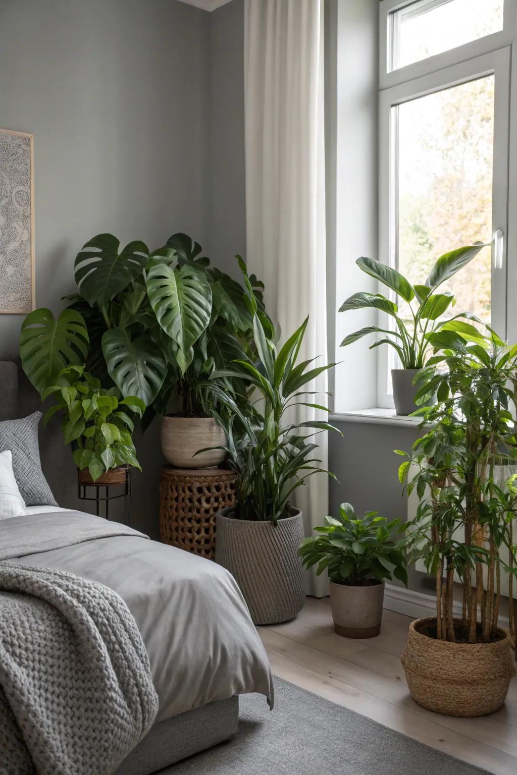 Plant life breathes vitality into a serene gray space.