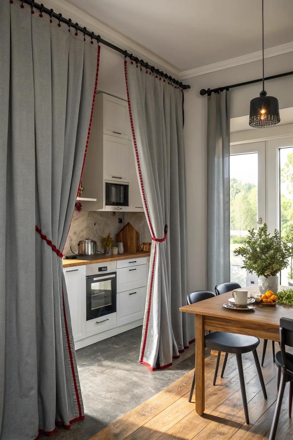 Gray drapes with contrasting perimeters for a striking visual feature.