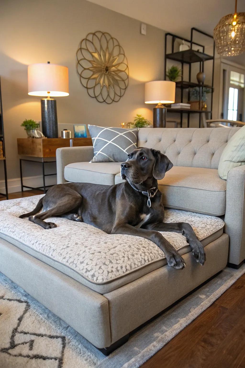 Couch-like beds provide a cozy companion spot for your Great Dane.