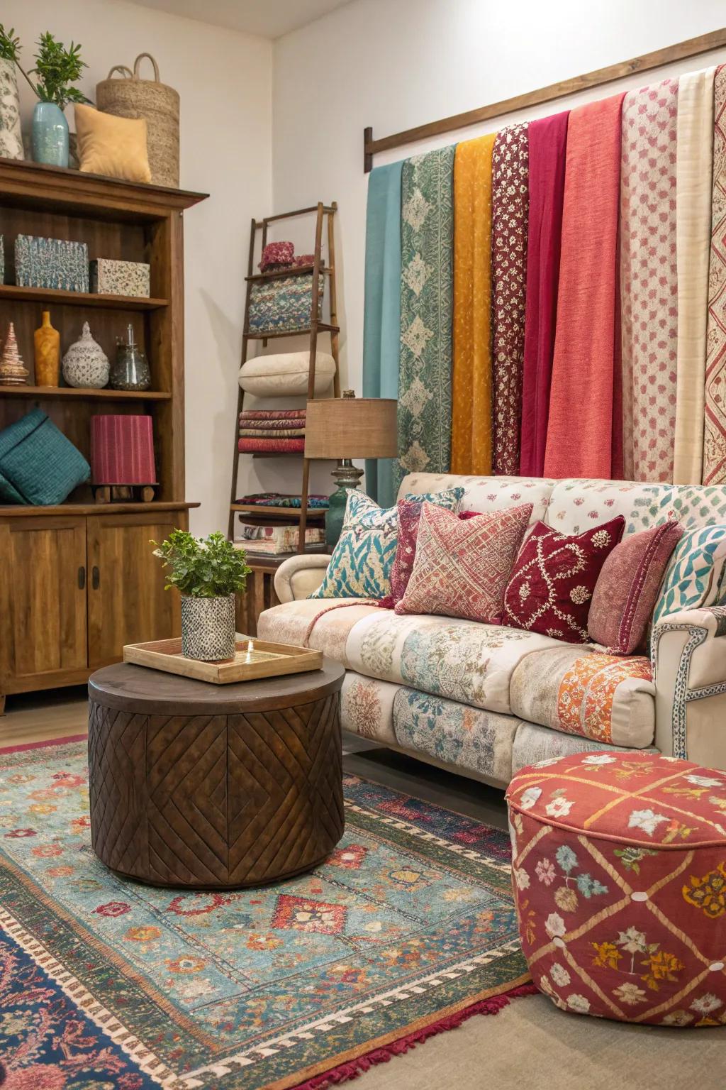 A lively blend of hue and texture animates the great room.