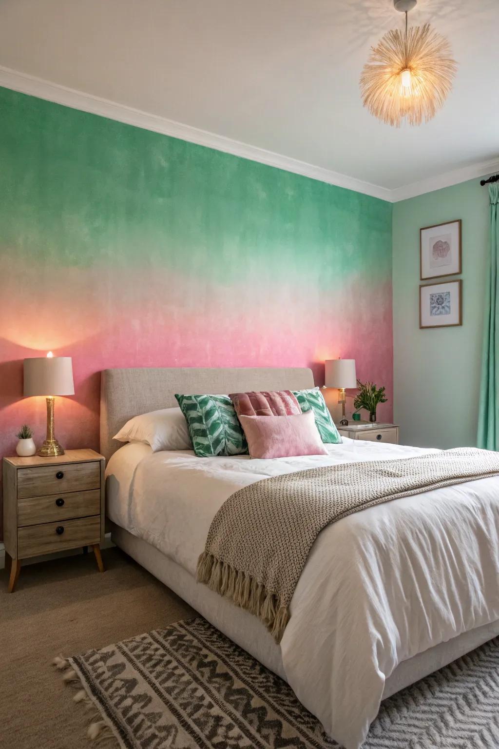 The unique and elegant visual offered by ombre walls in green and rose.
