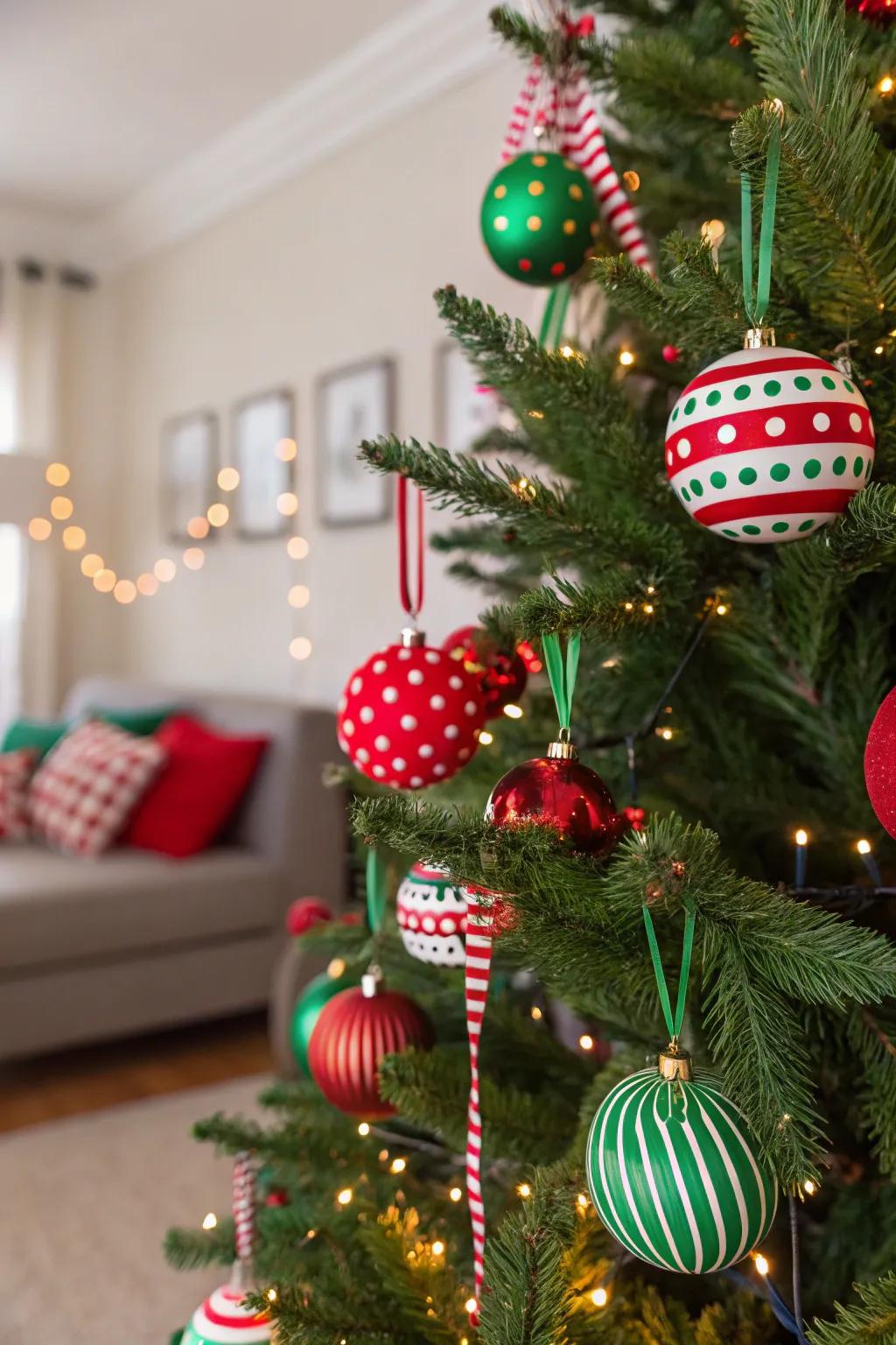 A vibrant Christmas tree showcasing playful crimson and emerald patterns.