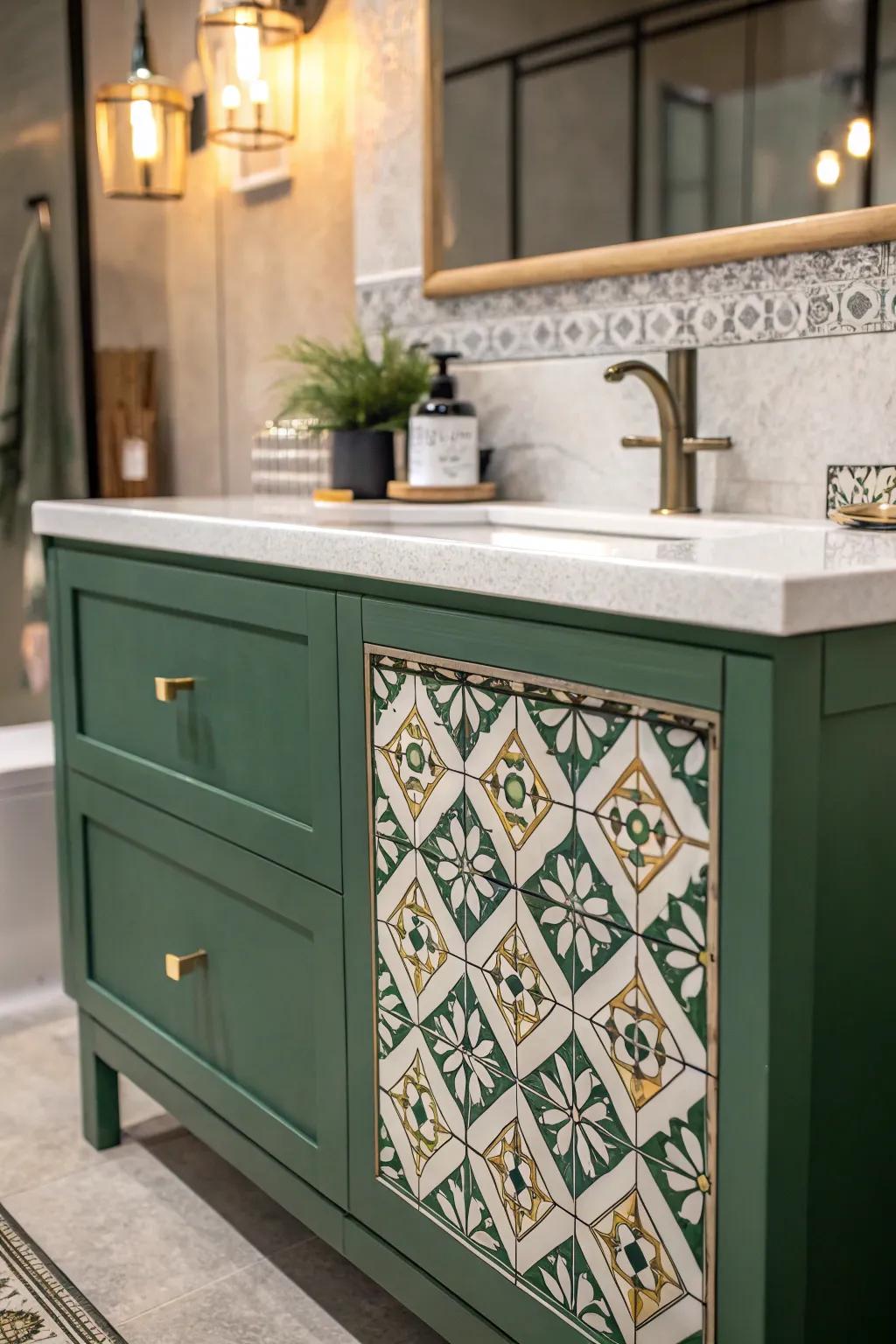 Green vanity with a unique patterned backsplash for added visual intrigue.