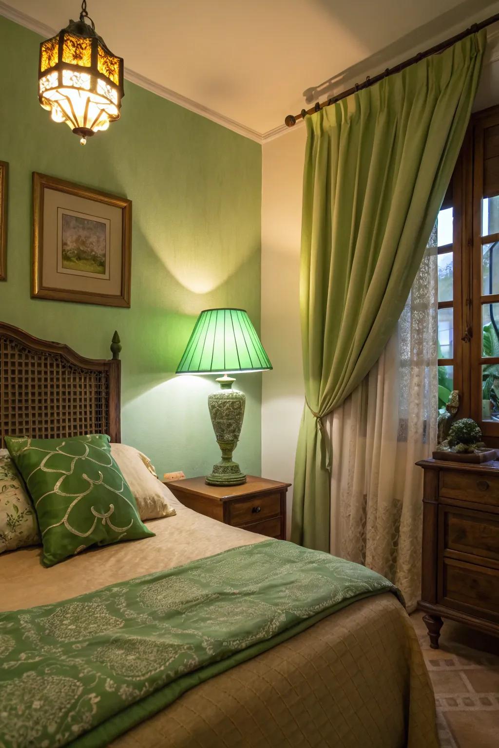Soft lighting and warm green colors create a cozy bedroom hideaway.