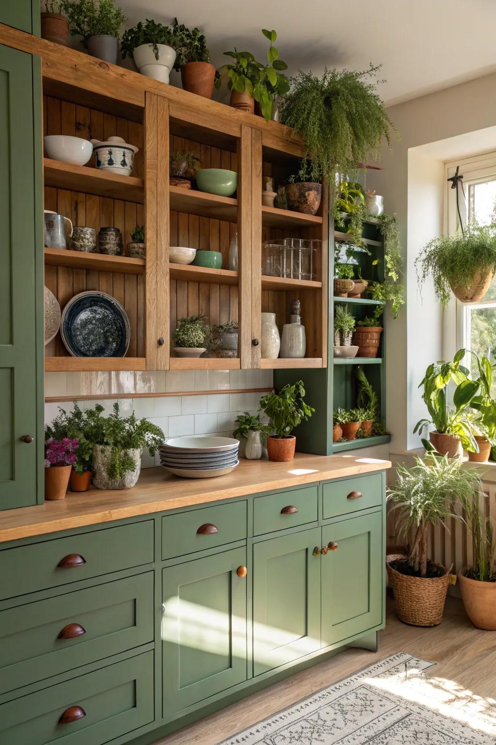 Exposed racking with green cabinets fashions an airy culinary feel.