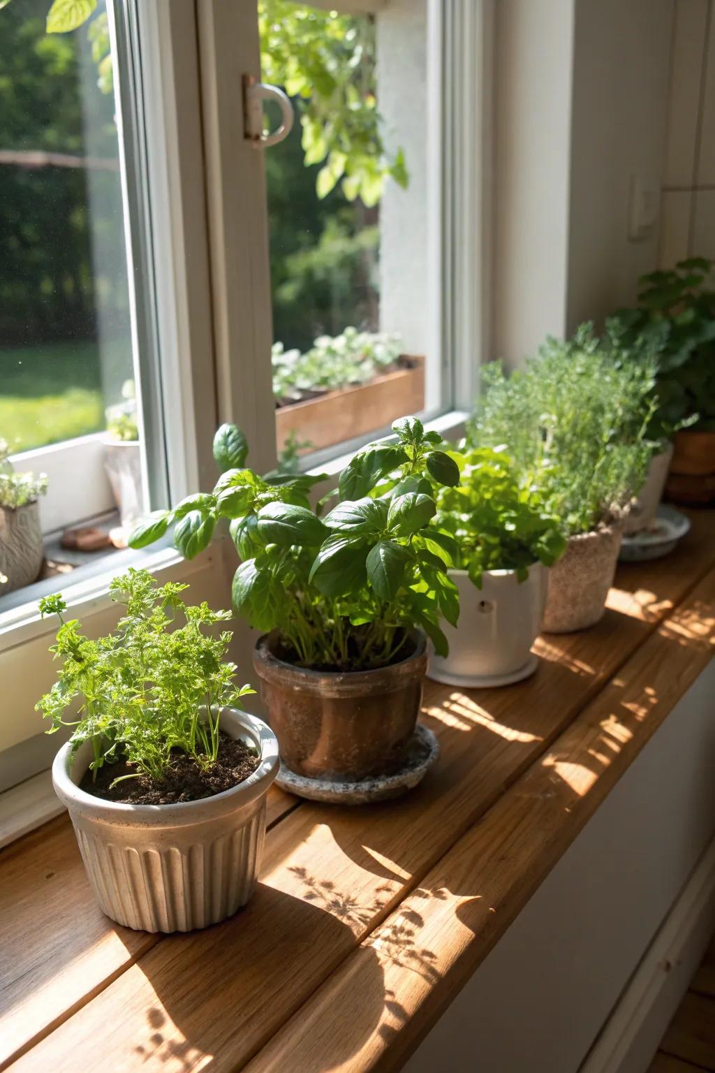 A kitchen herb garden showcasing fresh basil and mint.