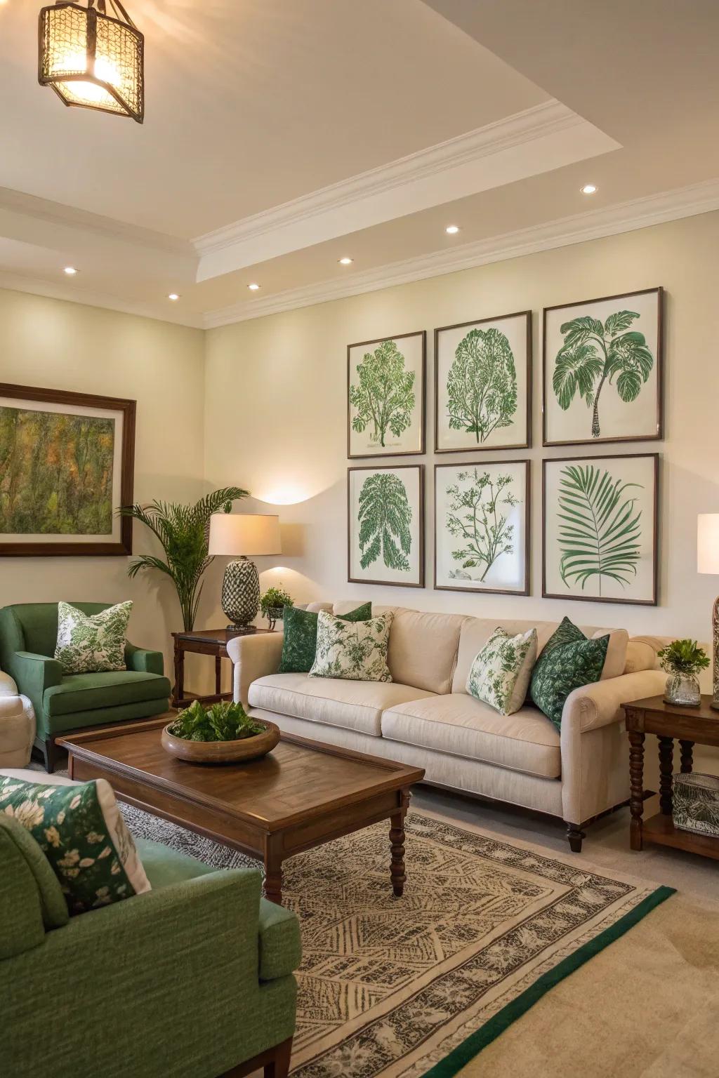 Artwork with green undertones adds depth and unity.