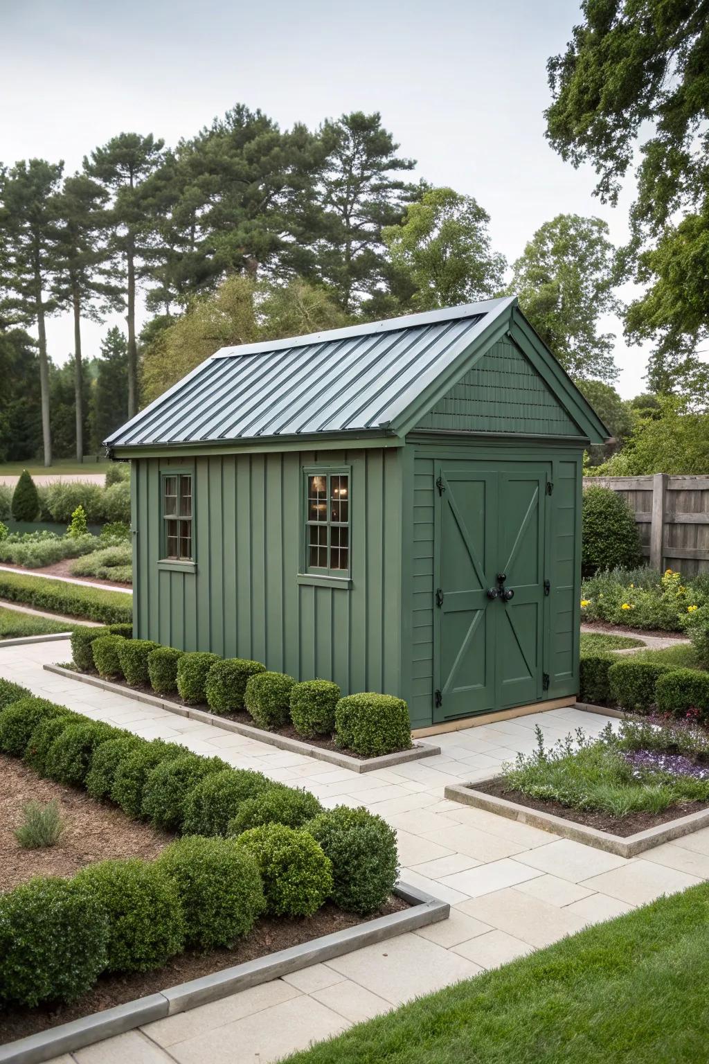 A shiny top adds a modern touch to a green shed.