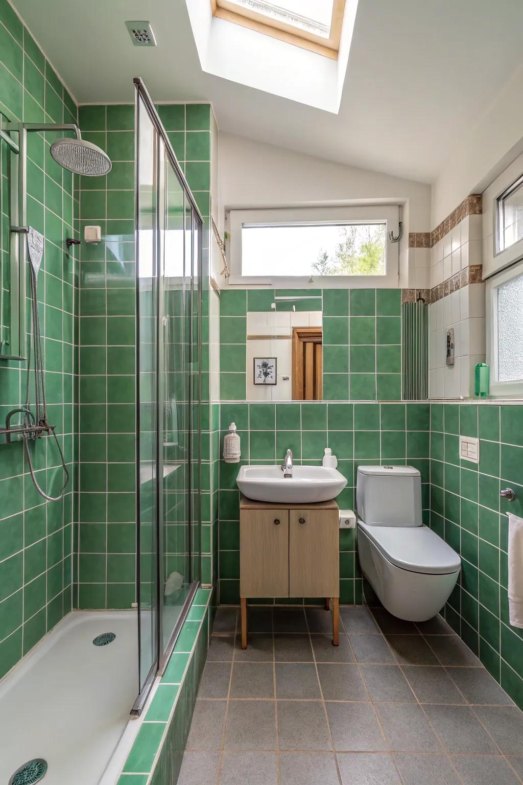 Green tiles support the crafting of functional and fashionable arrangements.