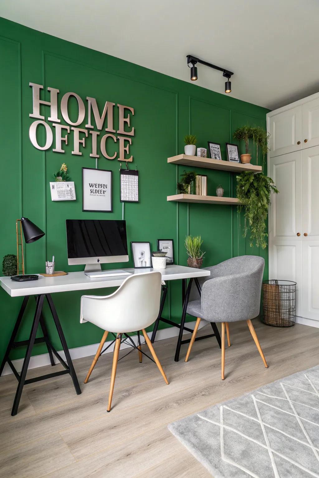 A home office where a green wall acts as a striking signage backdrop.