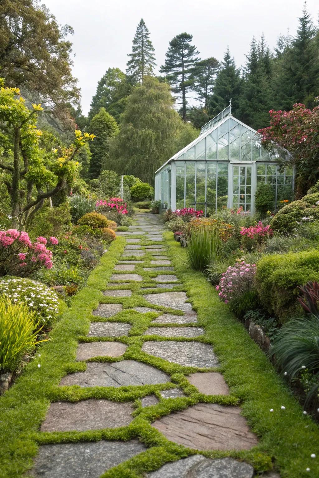 A winding garden path leads you to explore the greenhouse.