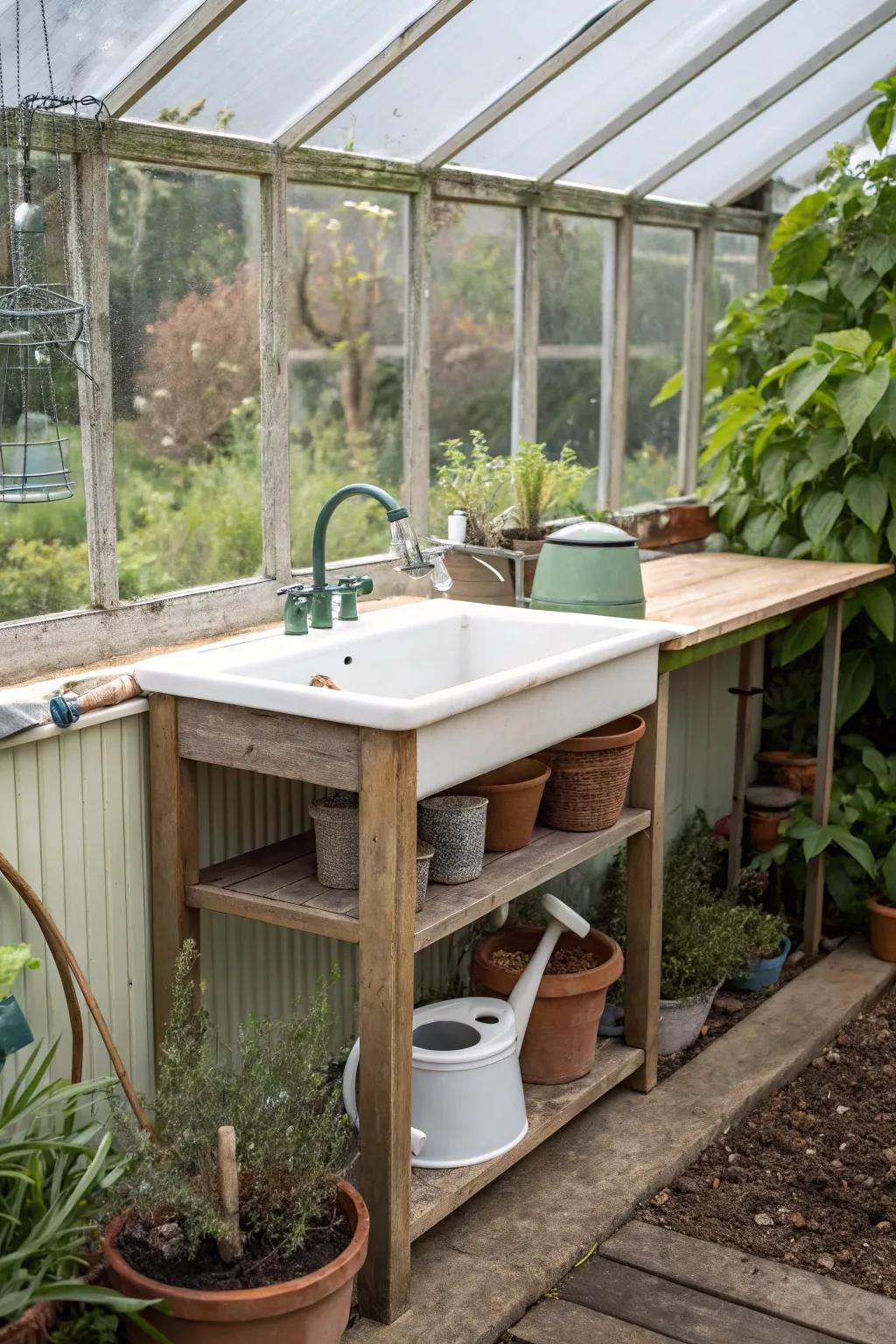 A concealed sink provides space-saving functionality in a greenhouse.
