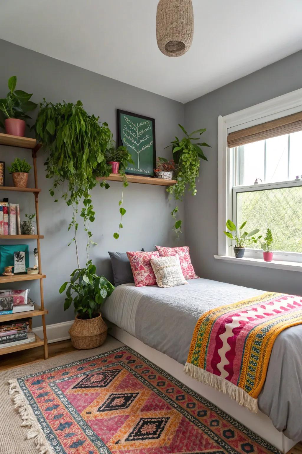 Greenery enlivens this bedroom with a grey feature wall.