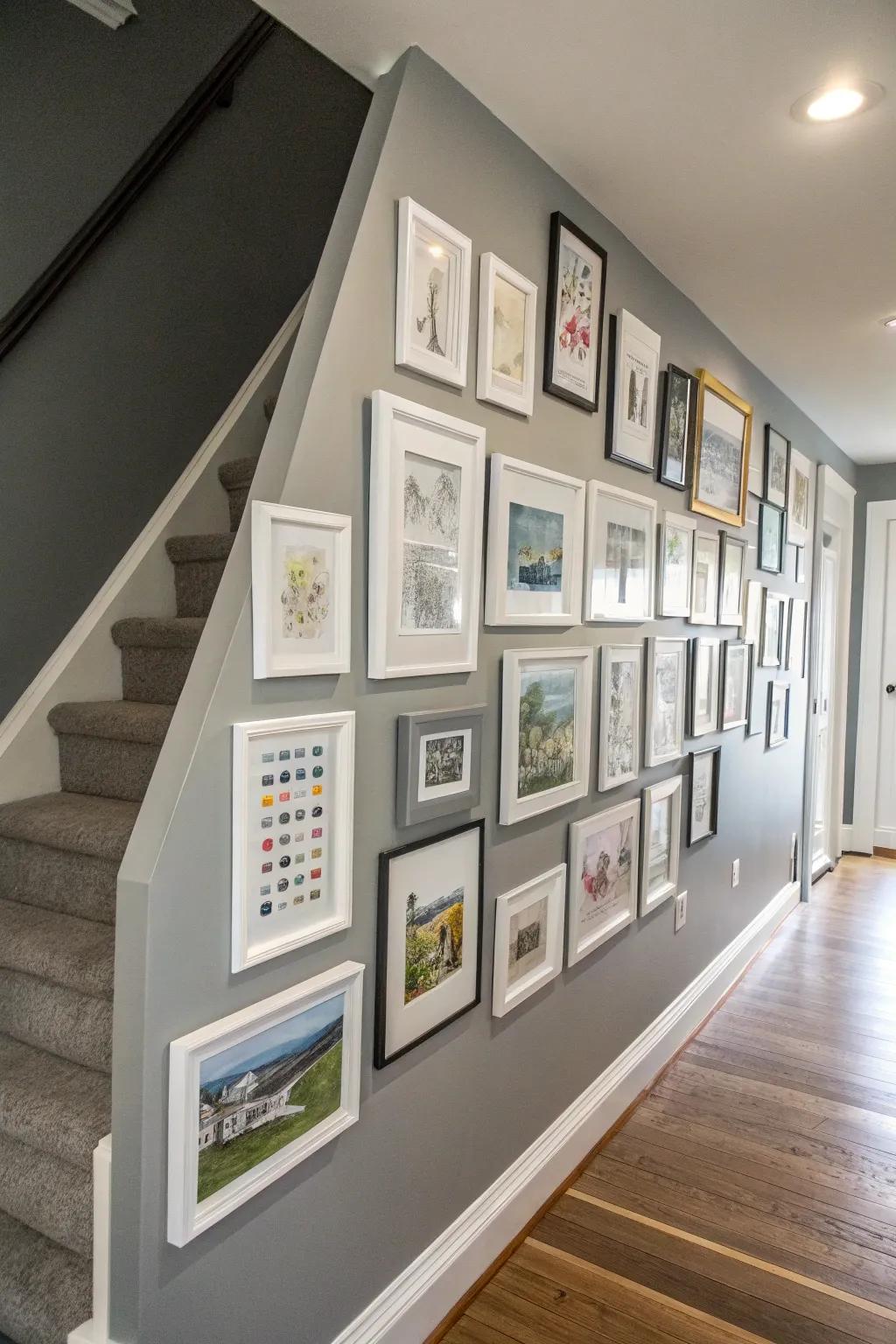 A gallery wall displayed on a grey accent wall.