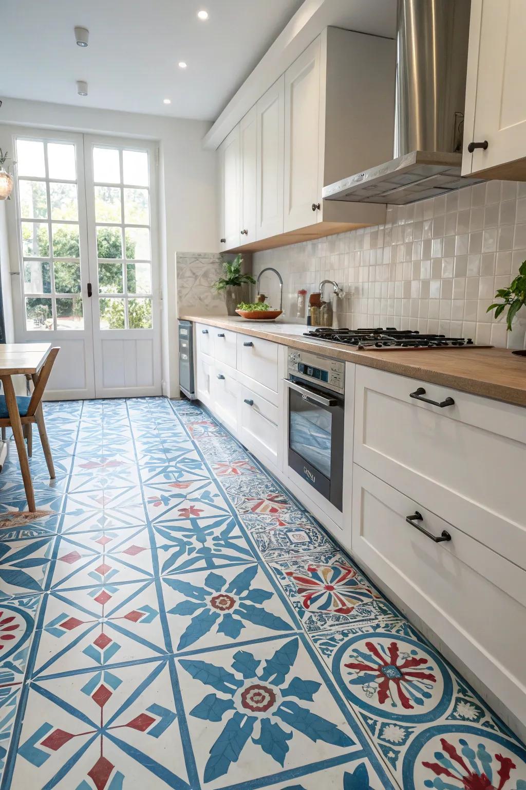 Bold floor tiles adding character to the kitchen