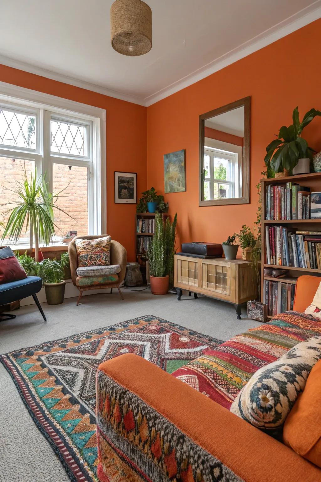 Tangerine walls add a vibrant splash to rooms with grey floor covering.