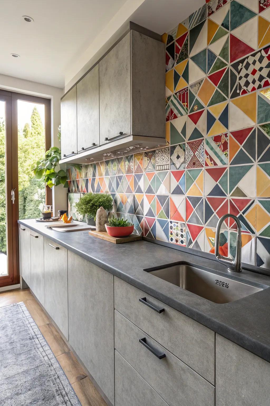 Grey countertops paired with a bold and geometric backsplash.