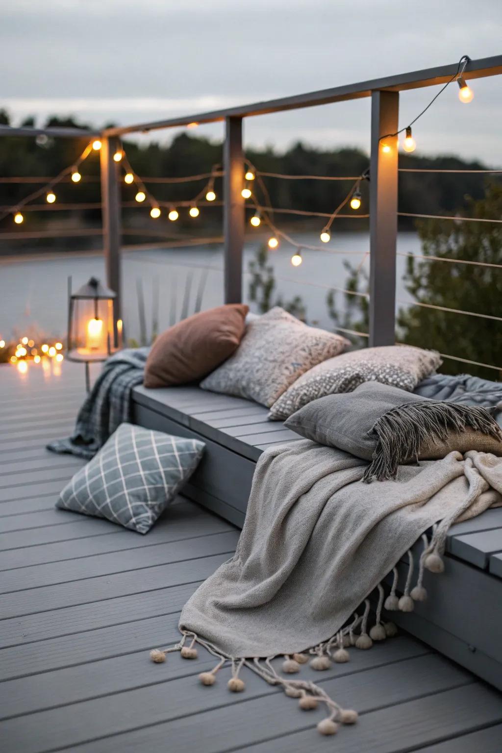 A cozy grey deck illuminated by ambient string lighting.