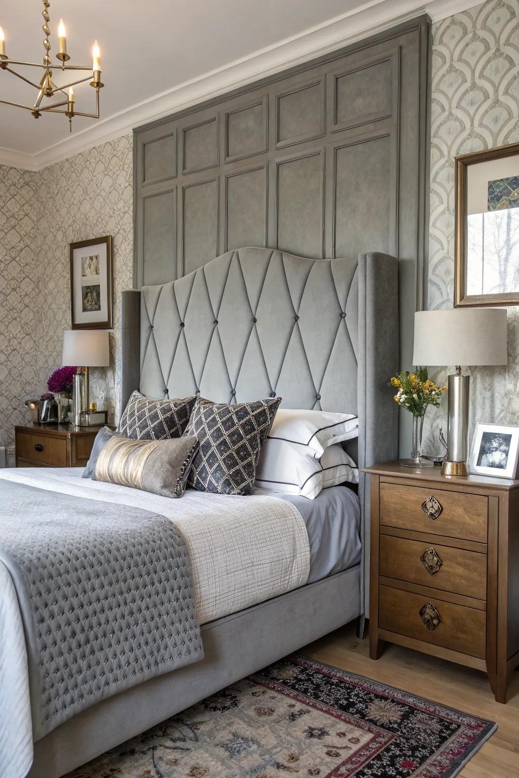 A bedroom that perfectly mixes modern and classic styles with a grey headboard.