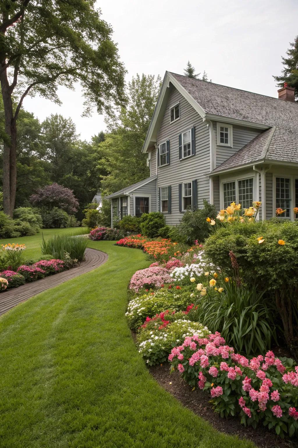Lively greenery complements a grey facade.