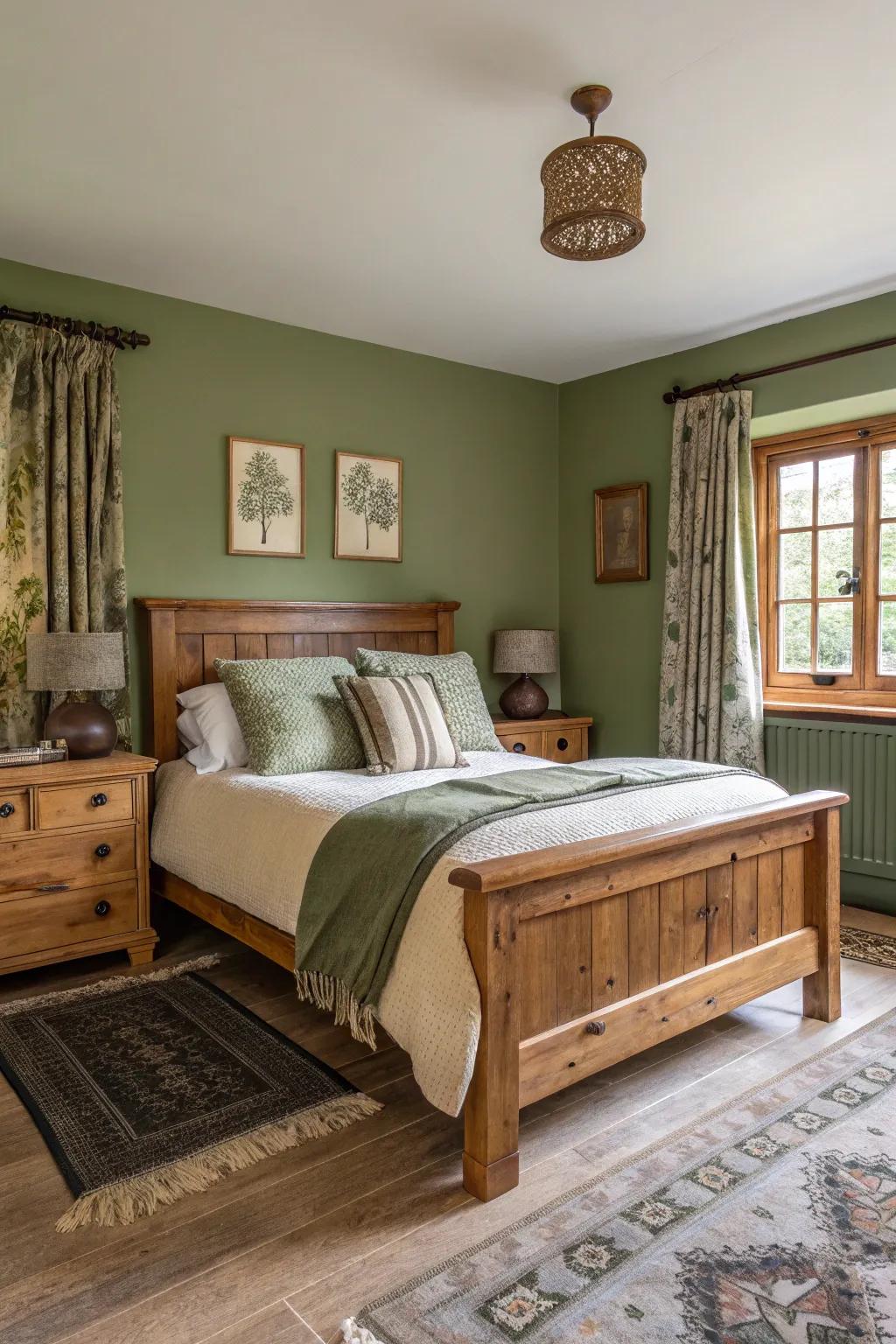 A guest room featuring rustic woodland green for a grounded atmosphere.