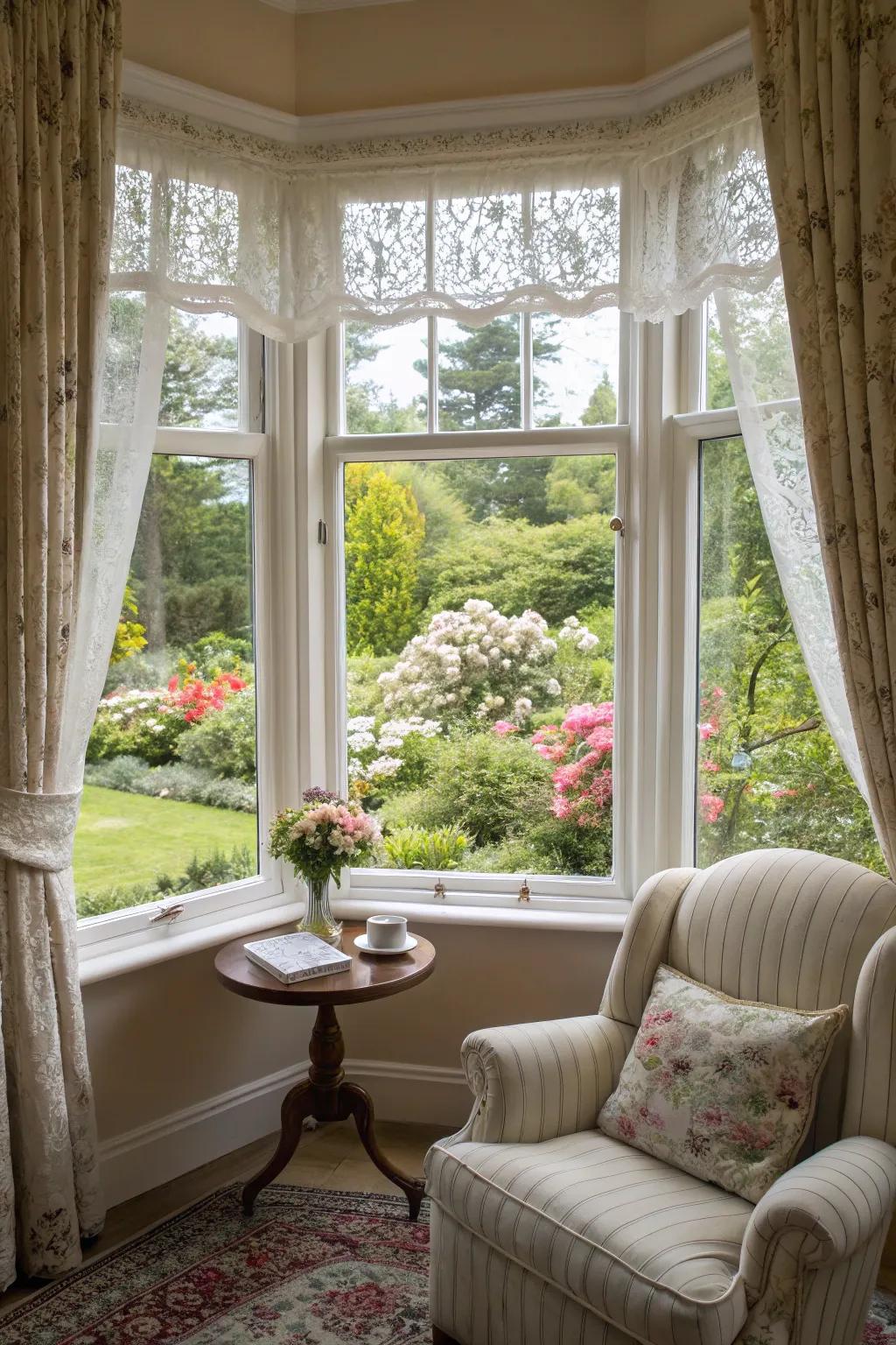 A charming curved window is fitted with half blinds.
