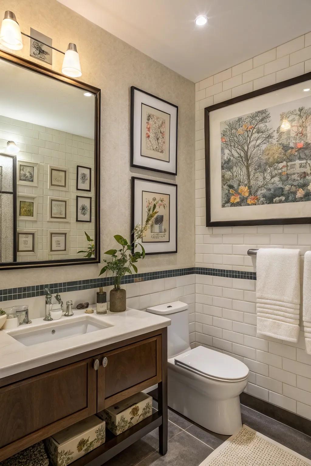 Framed artwork adds a personal touch to this bathroom.