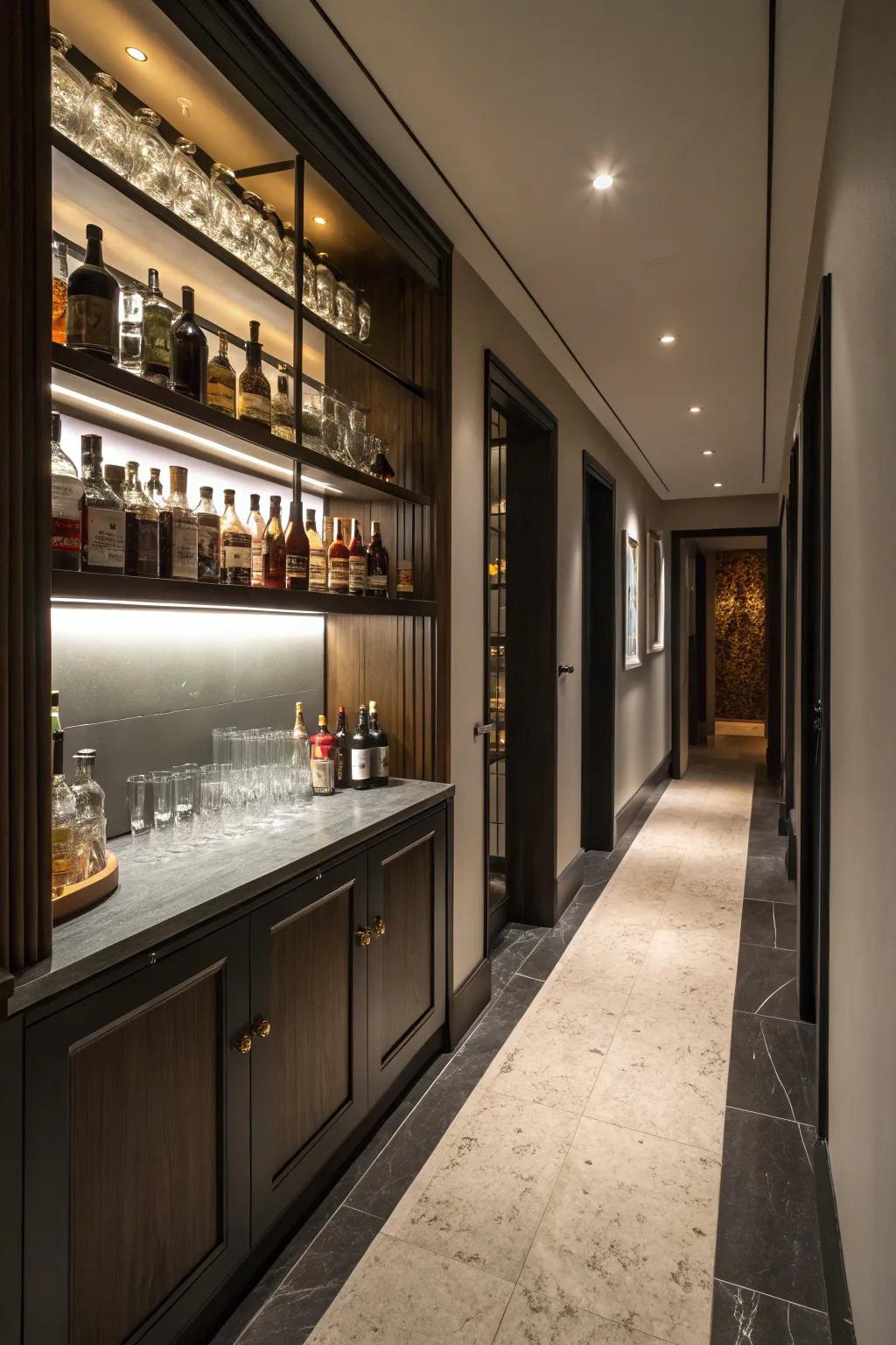 A hidden bar can be a delightful surprise in your hallway.