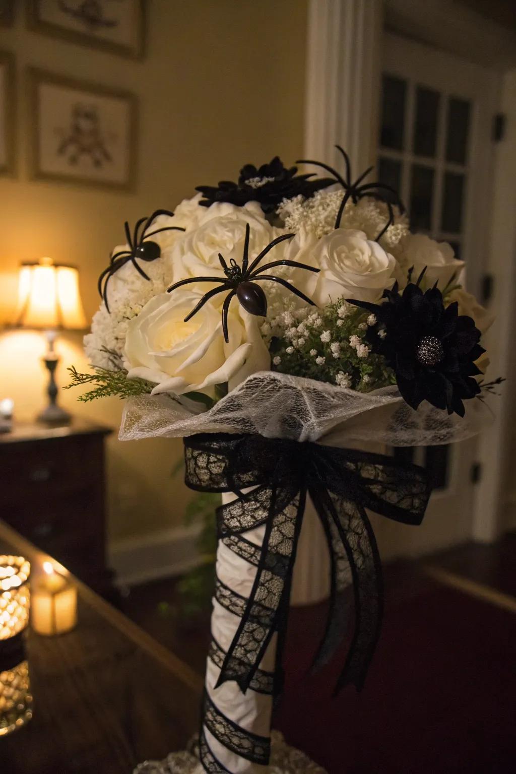 Creepy crawlers and lace make for a chillingly elegant Halloween bouquet.