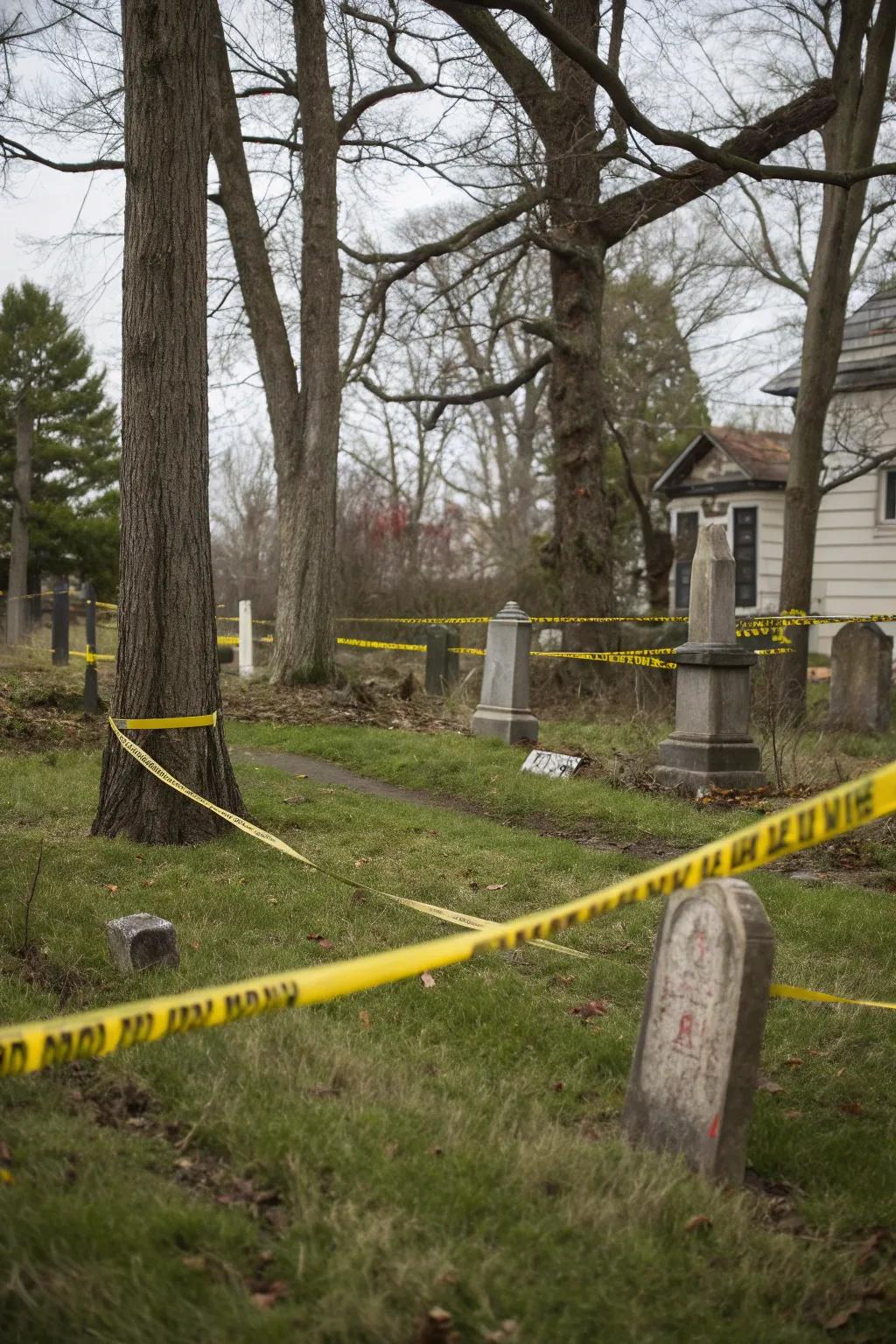 An eerie yard featuring hazard ribbon and headstones.
