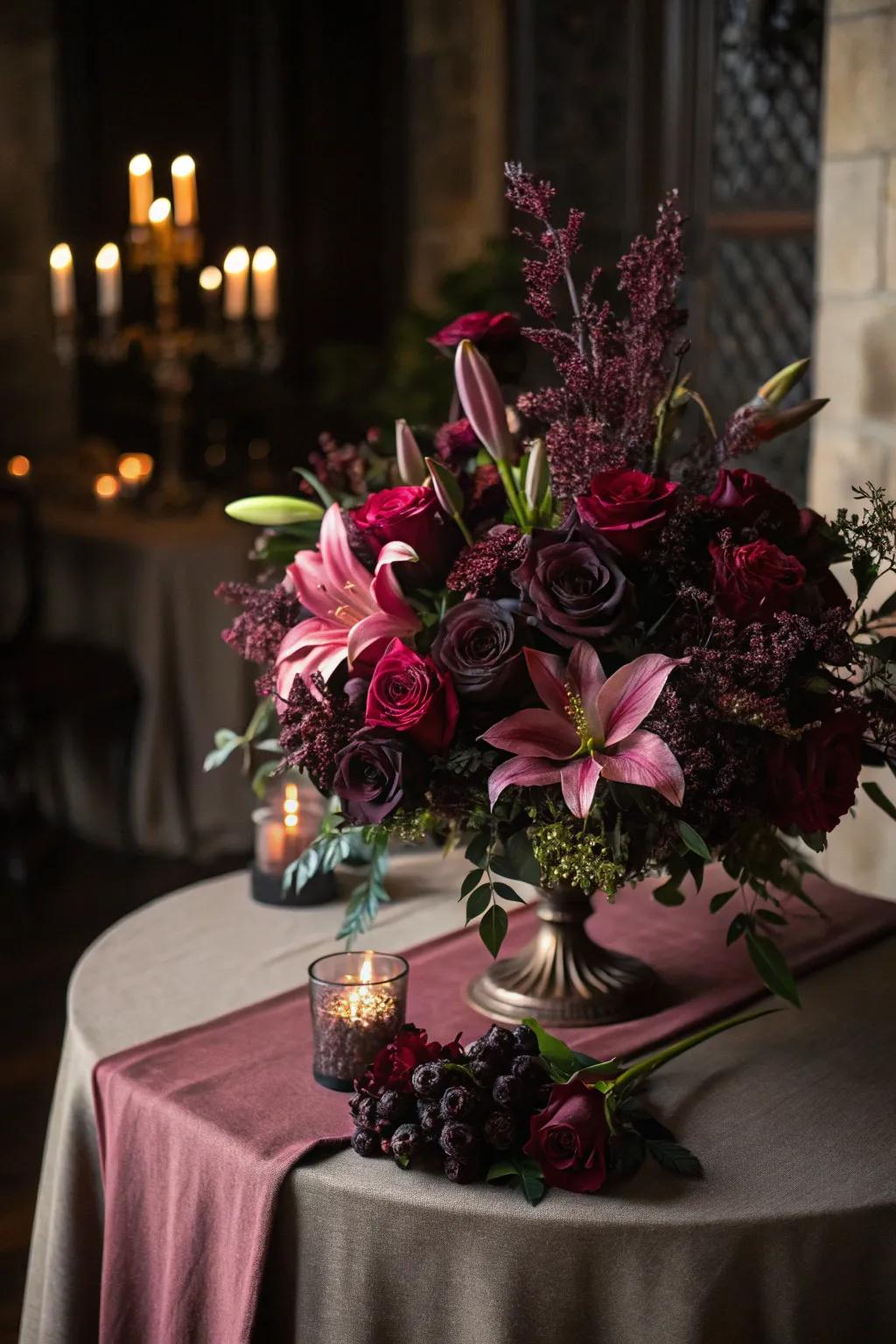 Gothic flowers add elegance and moodiness to the table.