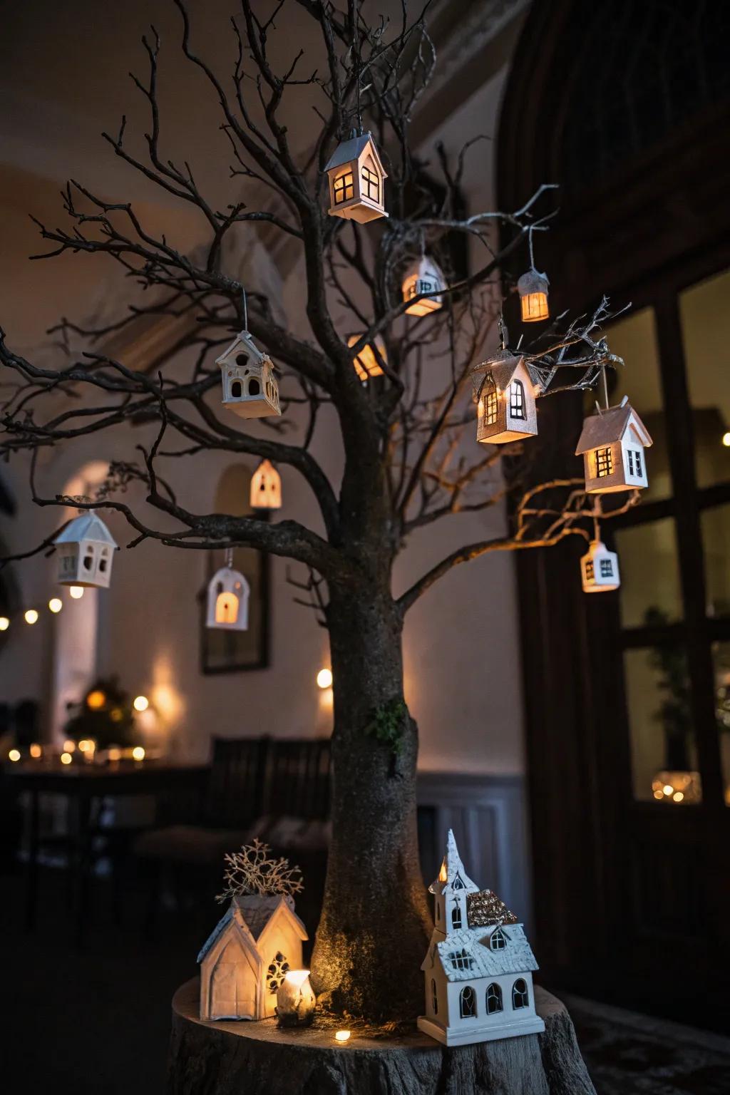 A detailed Halloween tree featuring miniature ghostly homes.