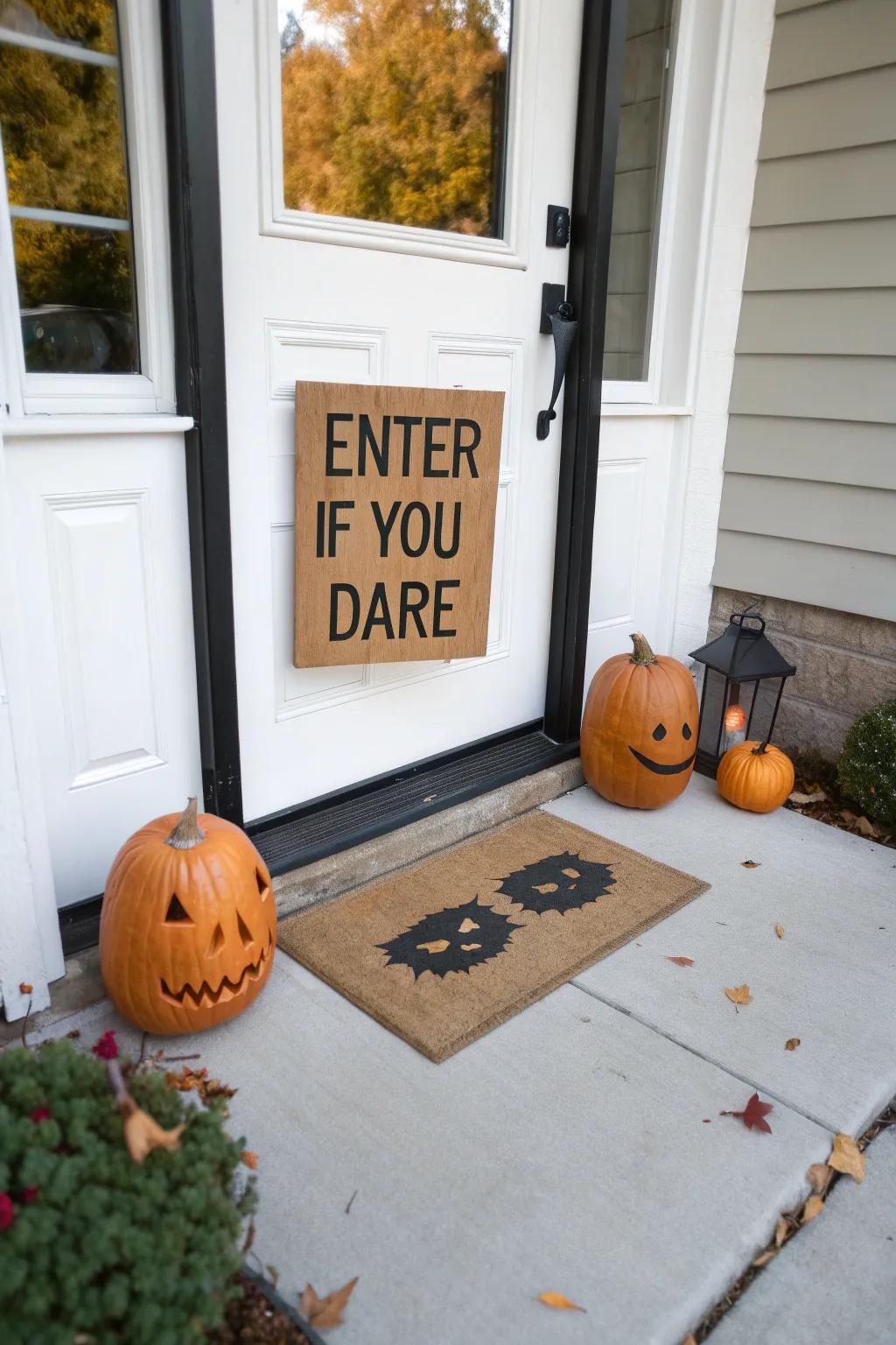 An adhesive film threshold mat establishes the All Hallows' Eve sentiment from the doorstep.