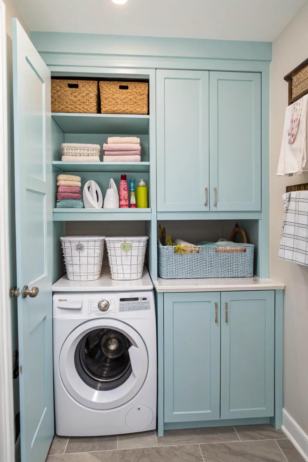 Light blue cabinets give a fresh feel.