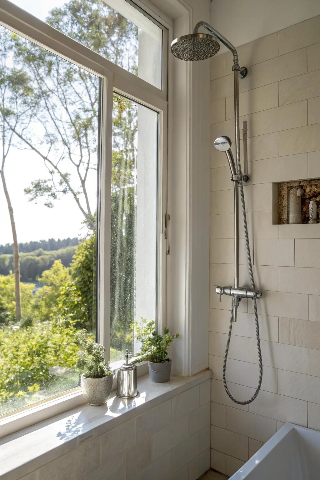 Natural light enhances the showering experience with strategic aqua sprayer placement.