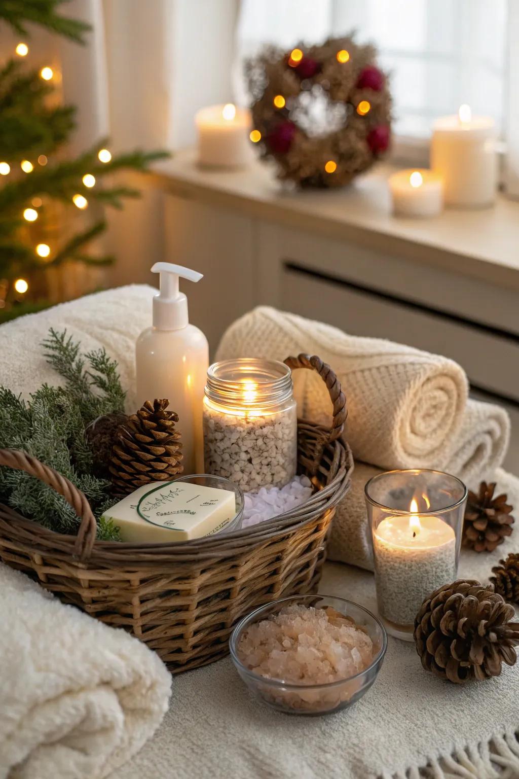 A themed basket with hand cleanser and pampering goodies