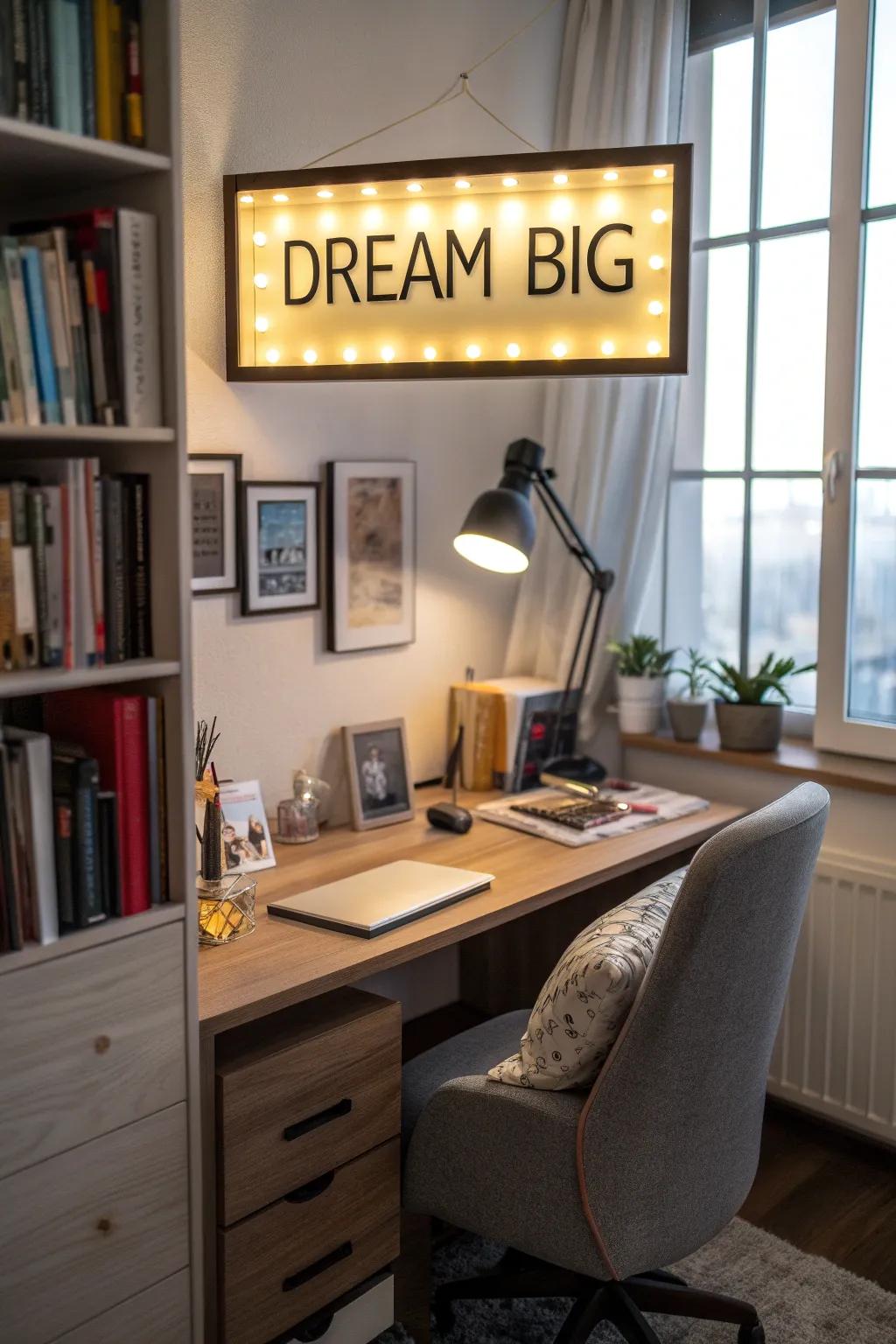 An illuminated sign that adds a creative radiance to a home workspace.