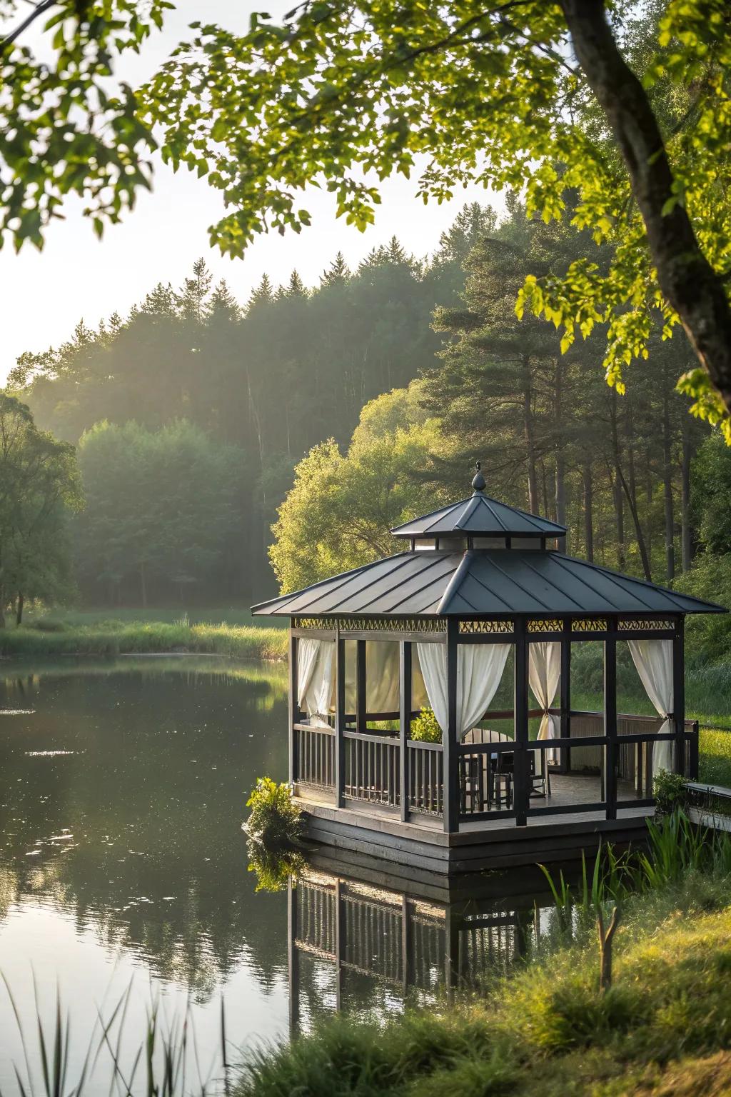 Embrace serenity with a floating gazebo on water.