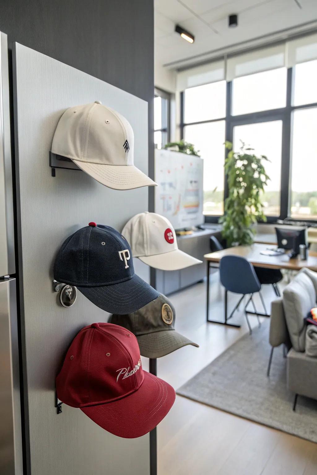 Hats arranged using magnetic fasteners.