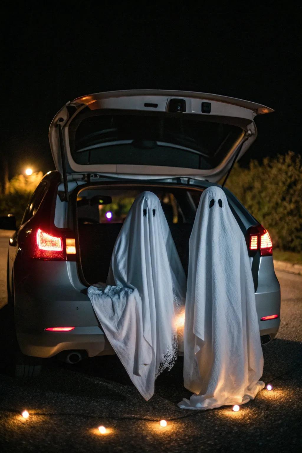 Make ghostly shapes using white sheets to get a hauntingly simple trunk decoration.