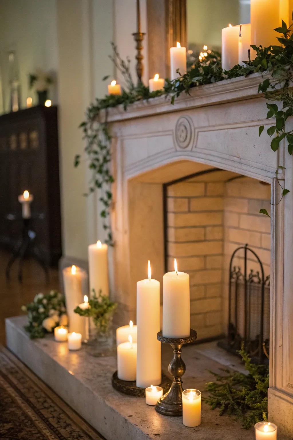 Candles establish a cozy and inviting fireplace atmosphere.