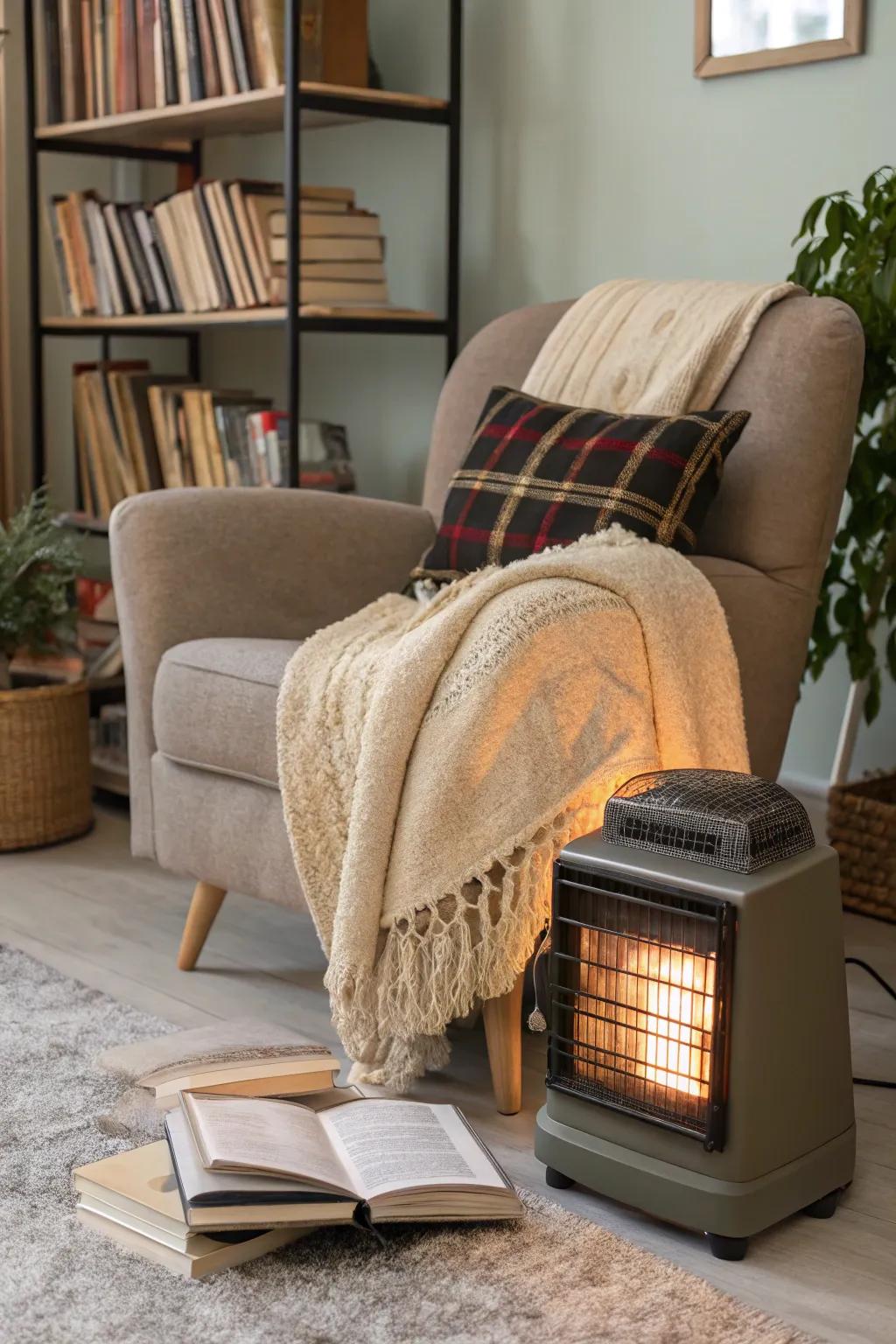 A cozy reading spot enhanced with a mobile electric heater, ideal for rapid and adaptable heating.
