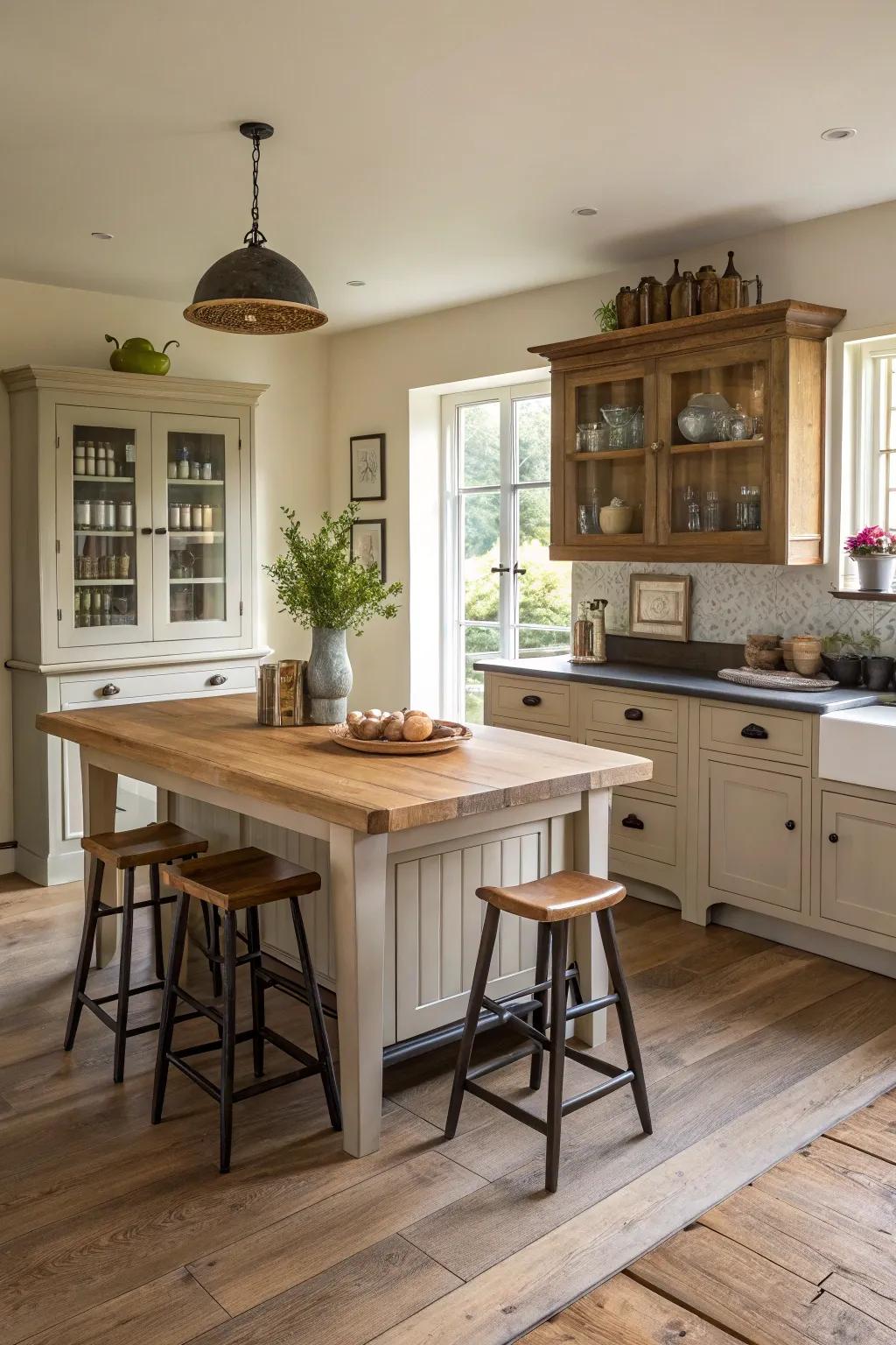 Freestanding furniture introduces personality and versatility to the cooking area.