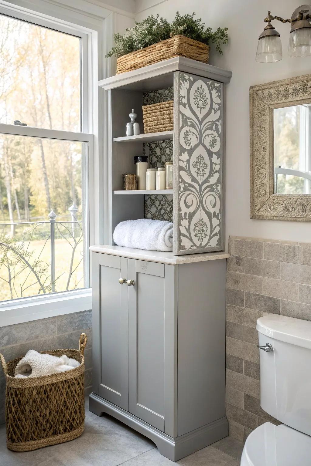 A decorative shelf revealing a hidden storage cabinet.