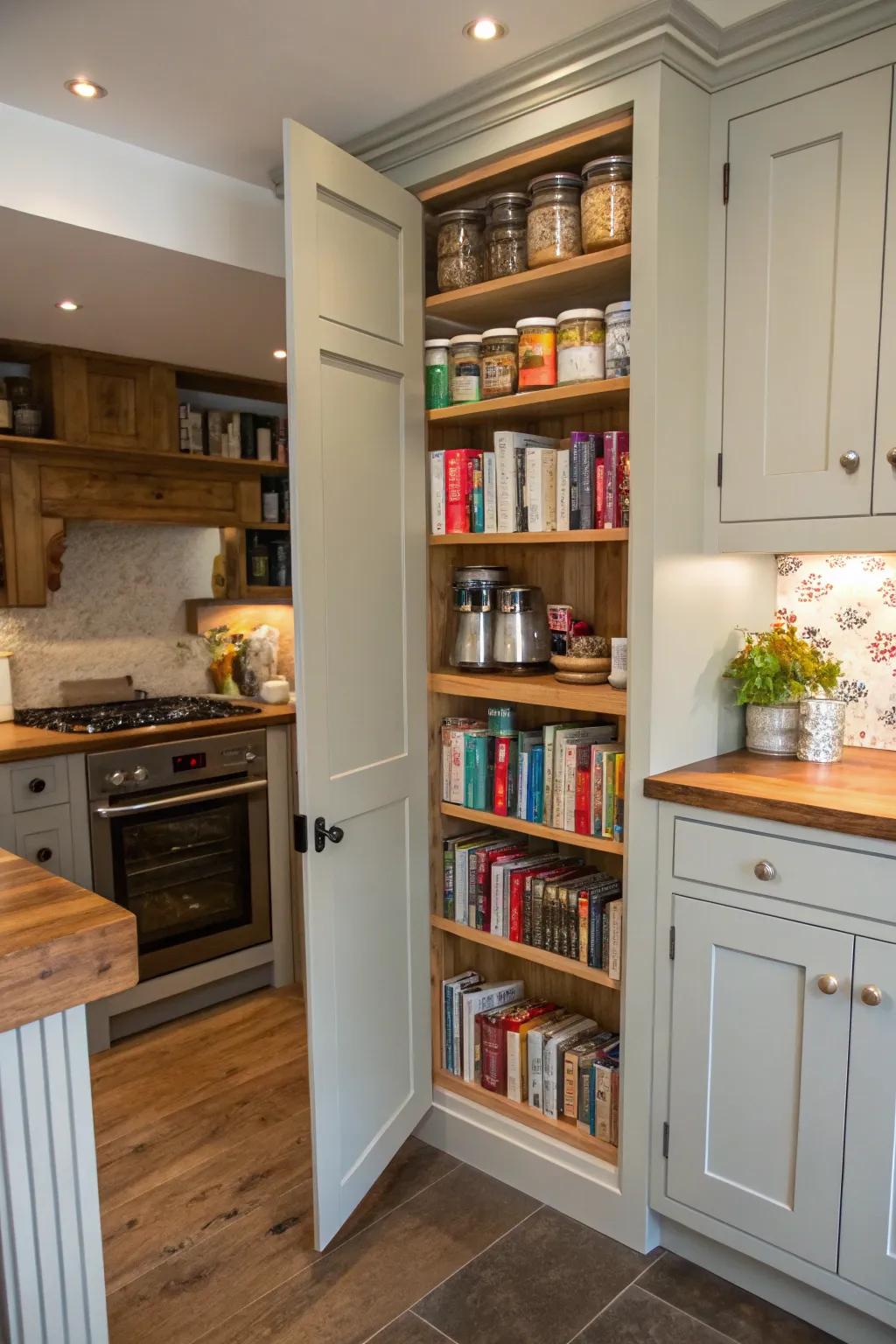 A secret pantry cleverly masked behind a bookcase entrance.