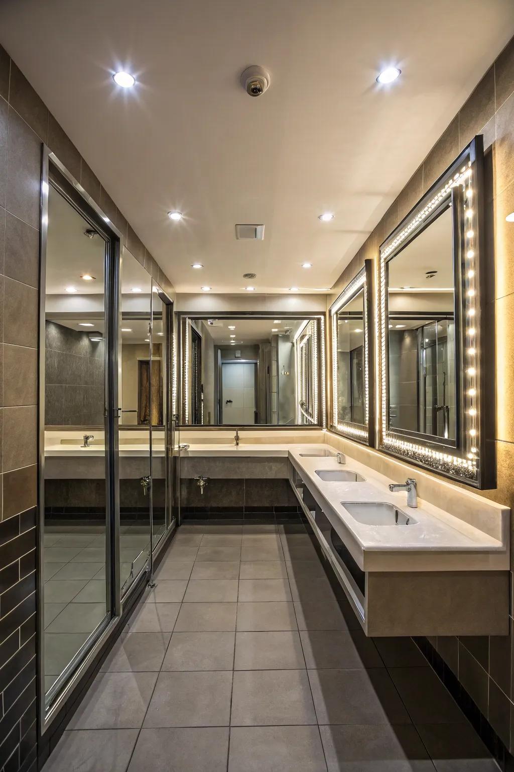 Looking glasses engender the deception of expanse within concealed shower aesthetic visions.