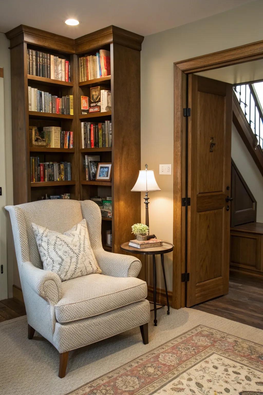 Bookcase door revealing concealed storage