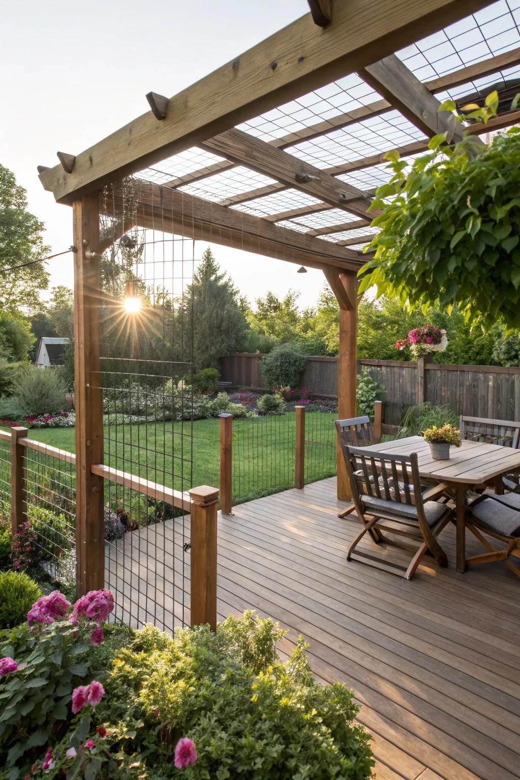 A pergola enriches any deck railing with dimension and style.