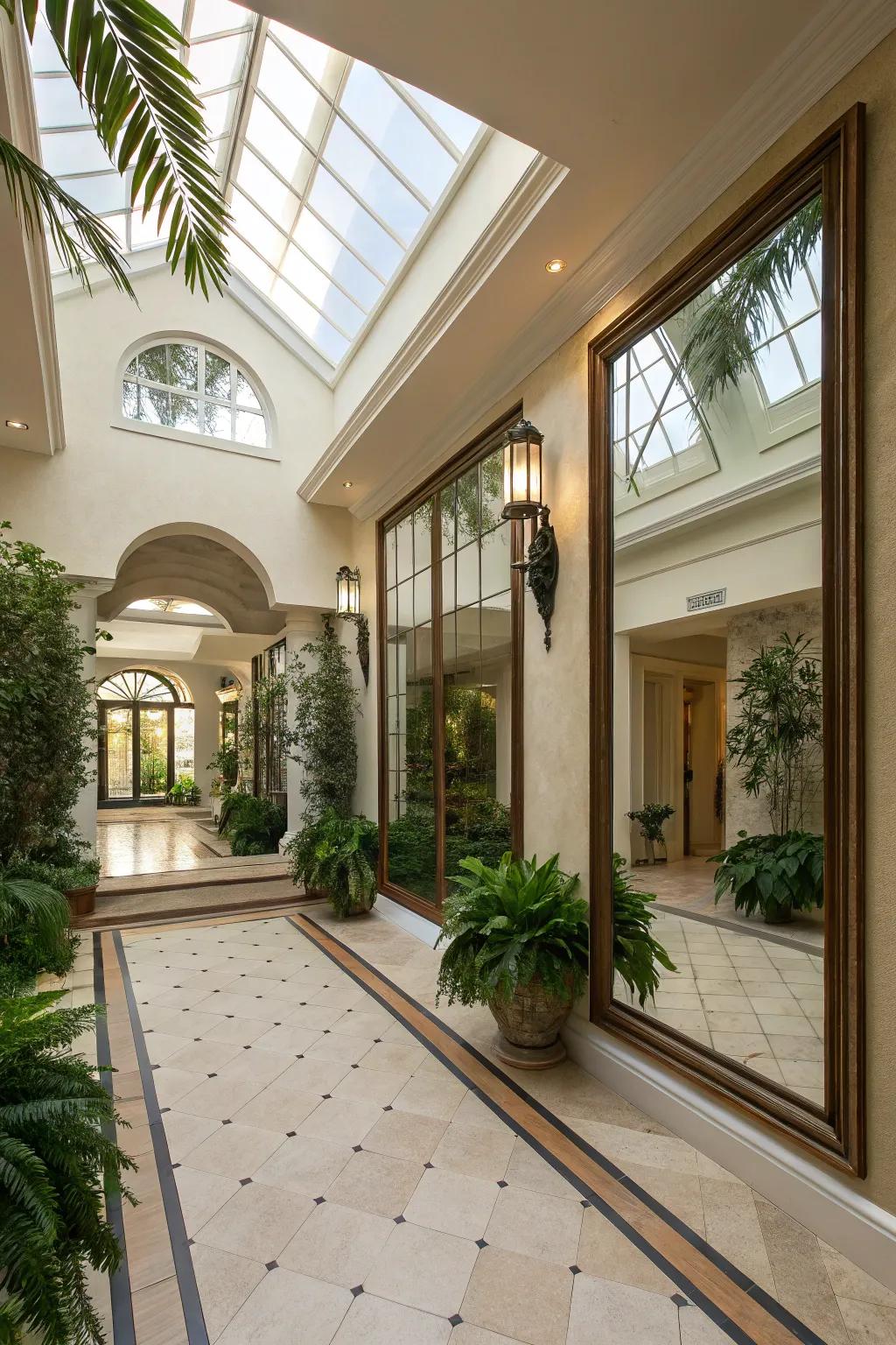 Mirrors enhancing light and area inside an atrium.
