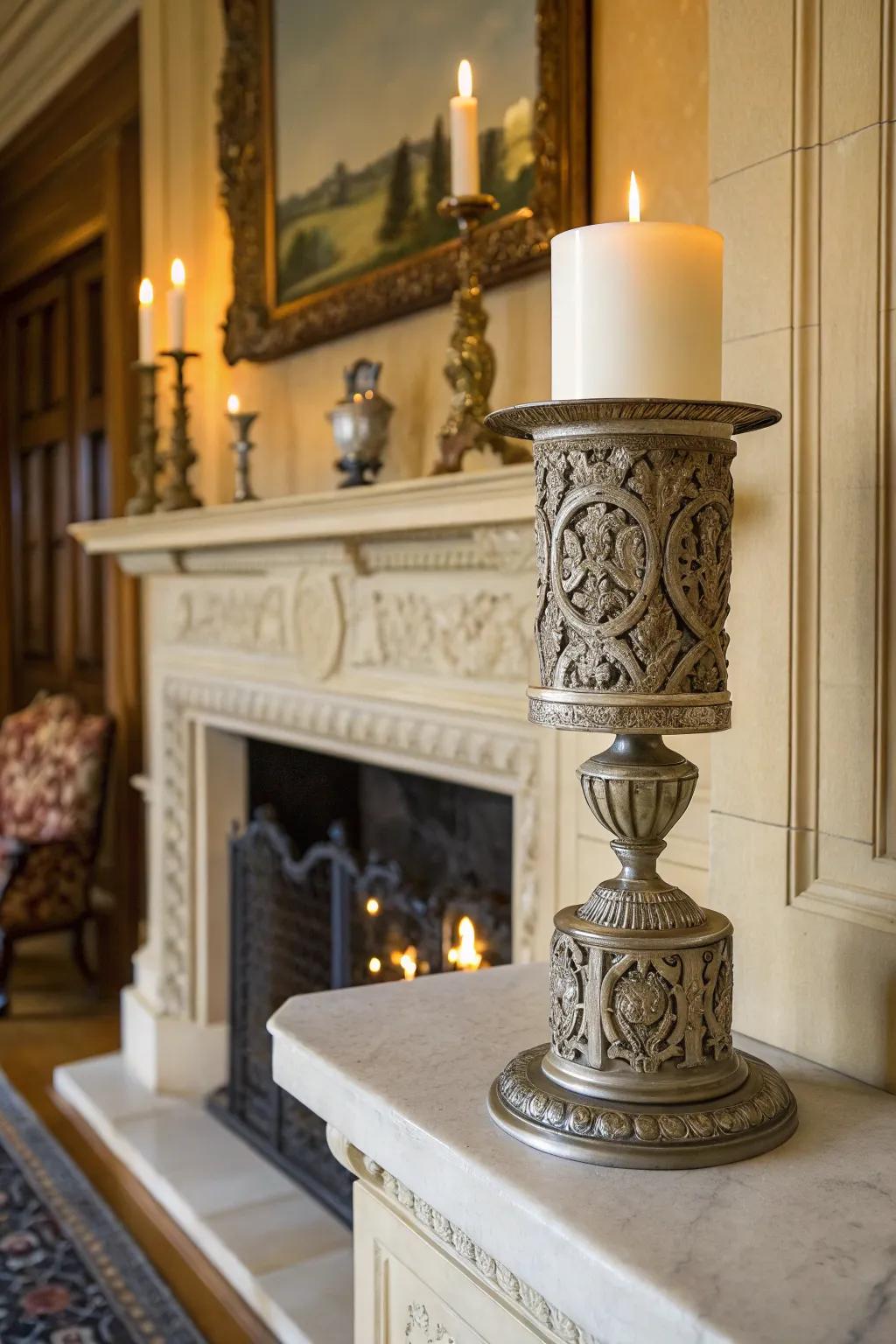 An exquisitely crafted wax light base that imparts charm upon the mantelpiece.